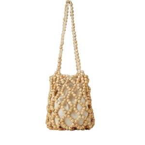 Zara Trafaluc Beaded Wooden Shoulder Bag Boho Net Purse Natural Wood‎ Beads